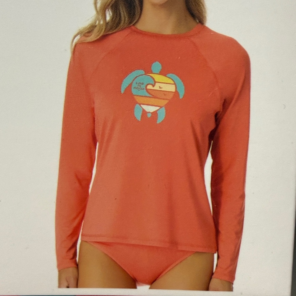 Life Is Good Sun Shirt Long Sleeve UPF 50+ Beach CORAL TURTLE Rash Guard L